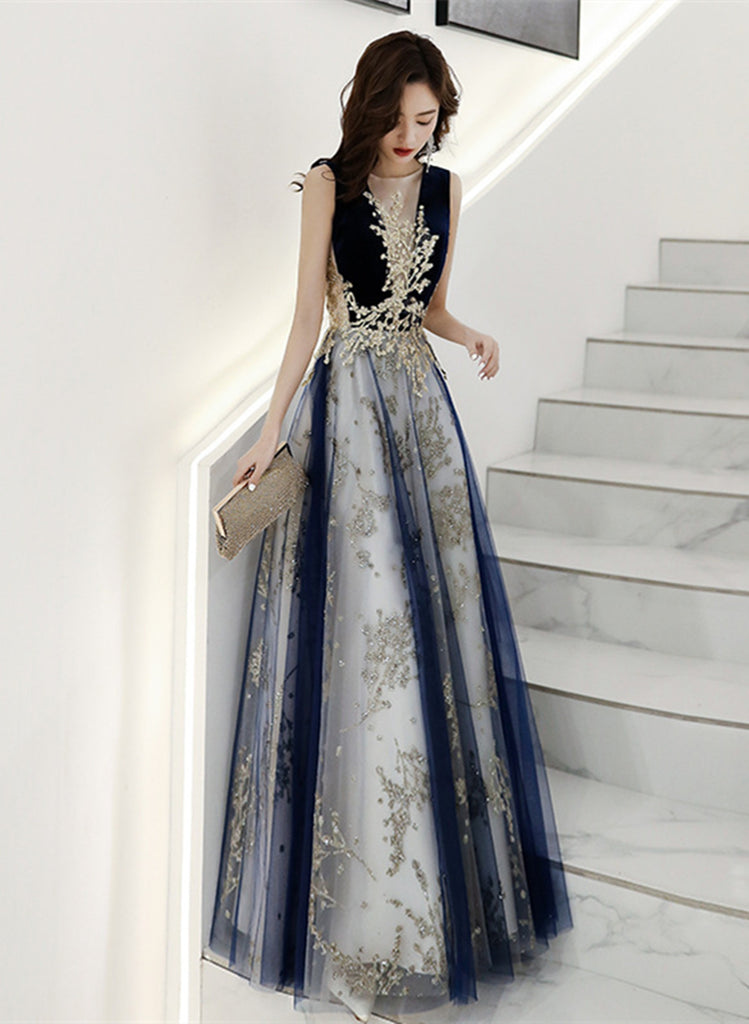 Retro Navy Blue A Line Tulle Rose Floral Long Party Dress Evening Dress
