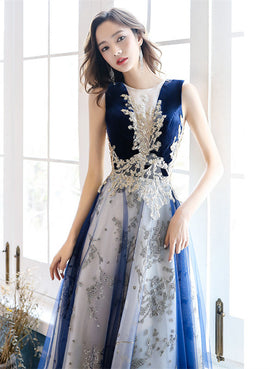 A-line Navy Blue Tulle with Lace Long Party Dress, Navy Blue Floor Length Prom Dress