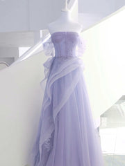 Light Purple Scoop Long Tulle Party Dress with Lace, Light Purple Strapless Prom Dress