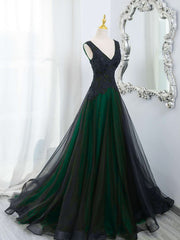 Charming Black and Green V-neckline Tulle Party Dress, Black and Green Lace Prom Dress