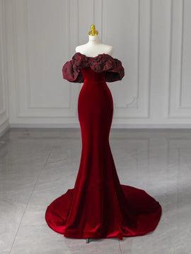 Wine Red Mermaid Velvet Off Shoulder Long Formal Dress, Wine Red Prom Dress