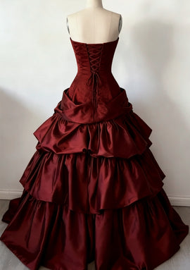 Chic Elegant Wine Red Tiered Satin Prom Dress, Ruffle Ball Gown Long Sweet 16 Dress