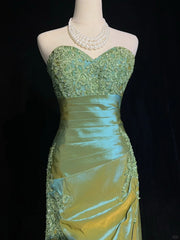 A-line Green Satin with Lace Applique Prom Dress, Green Floor Length Party Dress