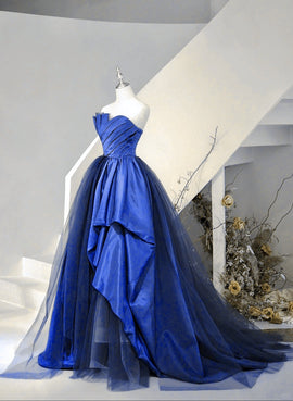 Blue Satin and Tulle Long Party Dress Prom Dress, Blue Evening Dress