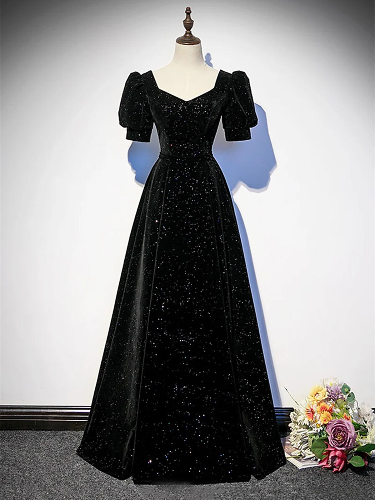 Black A-line Velvet Short Sleeves Party Dress, Black A-line Floor Length Prom Dress