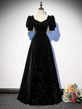 Black A-line Velvet Short Sleeves Party Dress, Black A-line Floor Length Prom Dress