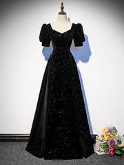 Black A-line Velvet Short Sleeves Party Dress, Black A-line Floor Length Prom Dress
