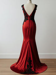 Wine Red Satin V-neckline Low Back Party Dress with Lace, Wine Red Wedding Party Dress