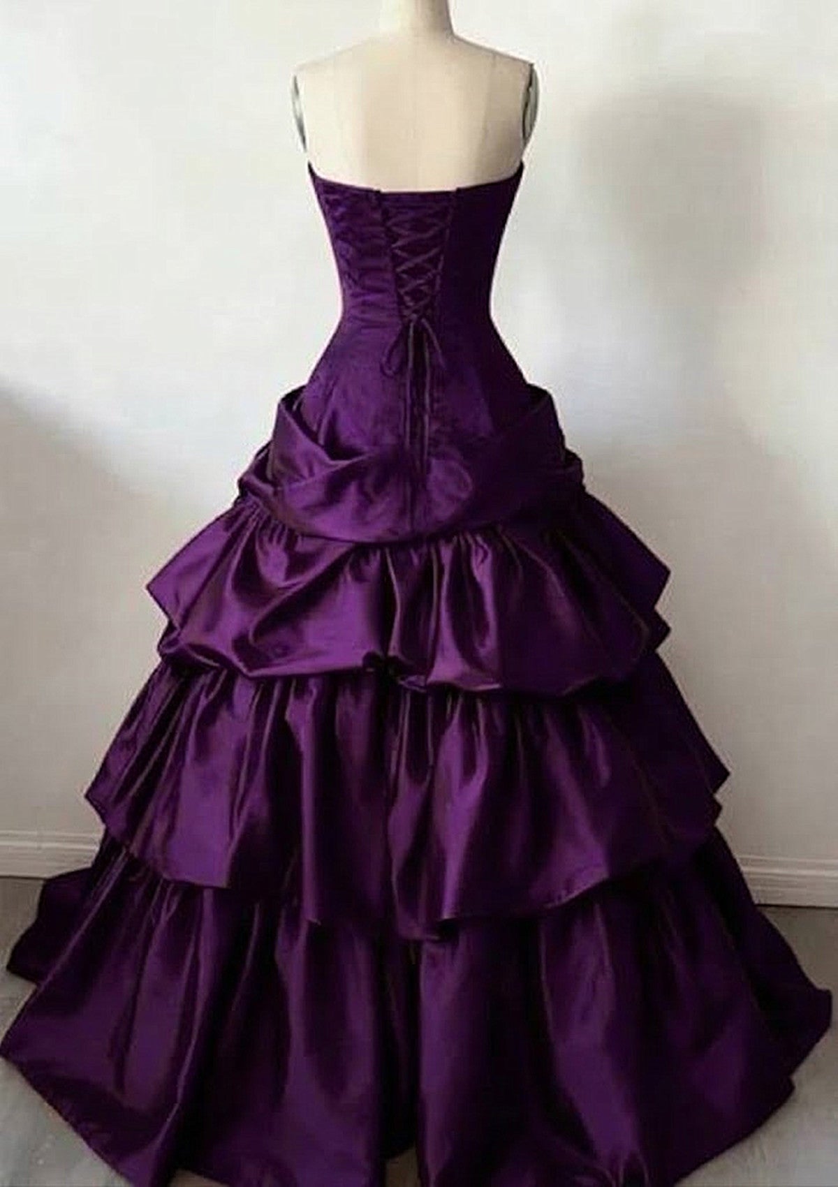 Purple Strapless Satin Layers Long Party Dress, Purple Satin Formal Dress Evening Dress