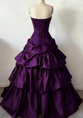 Purple Strapless Satin Layers Long Party Dress, Purple Satin Formal Dress Evening Dress