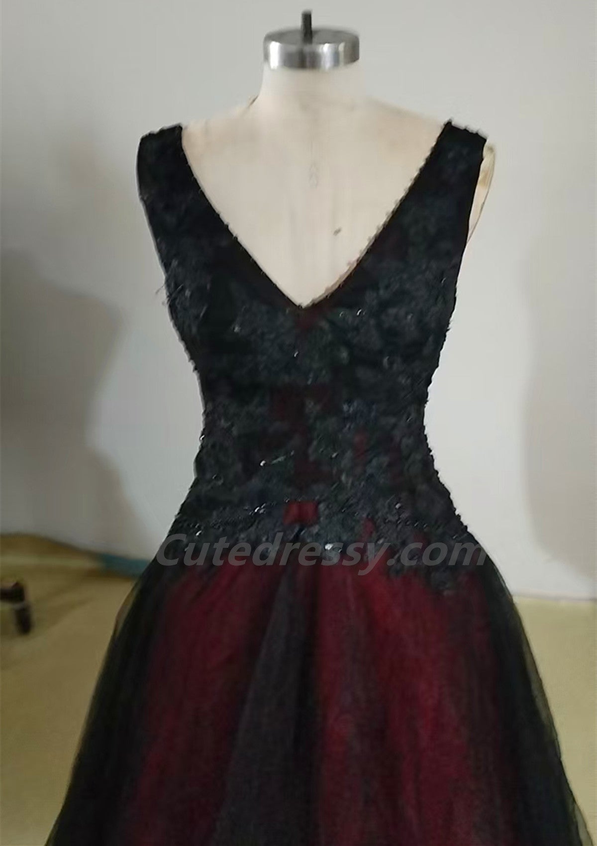 Black and Red V-neckline Beaded Long Evening Dress, Black and Red Tulle Prom Dress