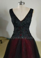 Black and Red V-neckline Beaded Long Evening Dress, Black and Red Tulle Prom Dress