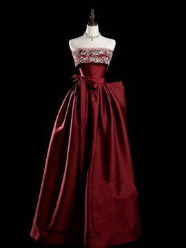 Wine Red A-line Satin Floor Length Party Dress, Wine Red Strapless Long Prom Dress