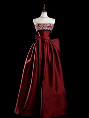 Wine Red A-line Satin Floor Length Party Dress, Wine Red Strapless Long Prom Dress