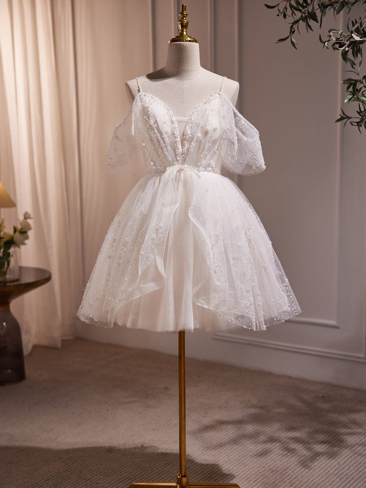 Ivory Knee Length V-neckline Beaded Straps Party Dress, Ivory Homecomi Cutedressy Ivory Knee Length V-neckline Beaded Straps Party Dress, Ivory Homecomi Cutedressy
