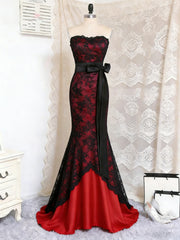 Black and Red Satin with Lace Mermaid Prom Dress, Vintage Style Long Party Dress