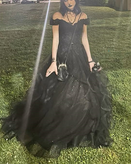 A-line Black Tulle with Lace Applique Party Dress, Black Sweetheart Evening Dress Prom Dress