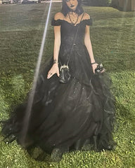 A-line Black Tulle with Lace Applique Party Dress, Black Sweetheart Evening Dress Prom Dress