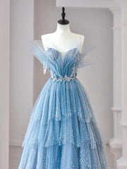 A-line Light Blue Beaded Long Tulle Party Dress, Light Blue Prom Dress