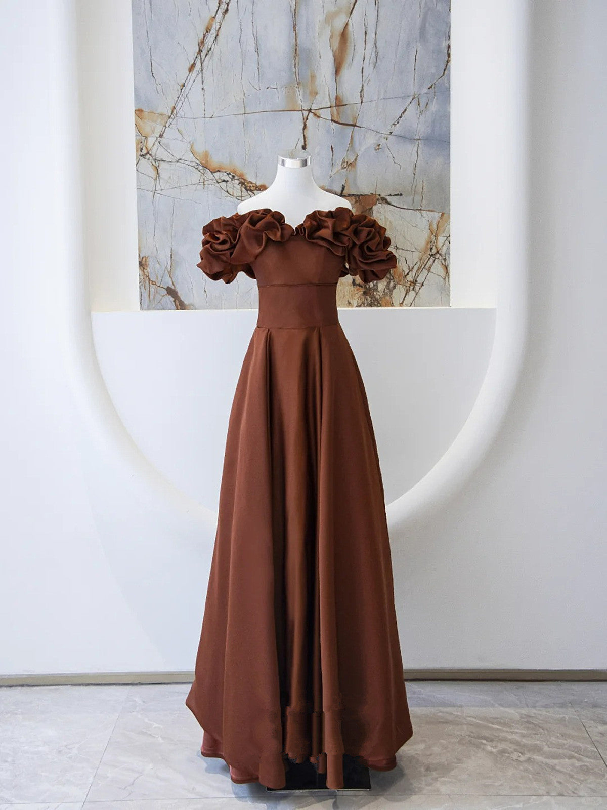 Brown Satin Off Shoulder A-line Prom Dress, Brown Satin Evening Dress Formal Dress