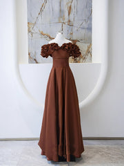 Brown Satin Off Shoulder A-line Prom Dress, Brown Satin Evening Dress – Cutedressy