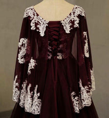 Wine Red V-neckline Tulle with Lace Applique Long Party Dress, Wine Red Long Prom Dress