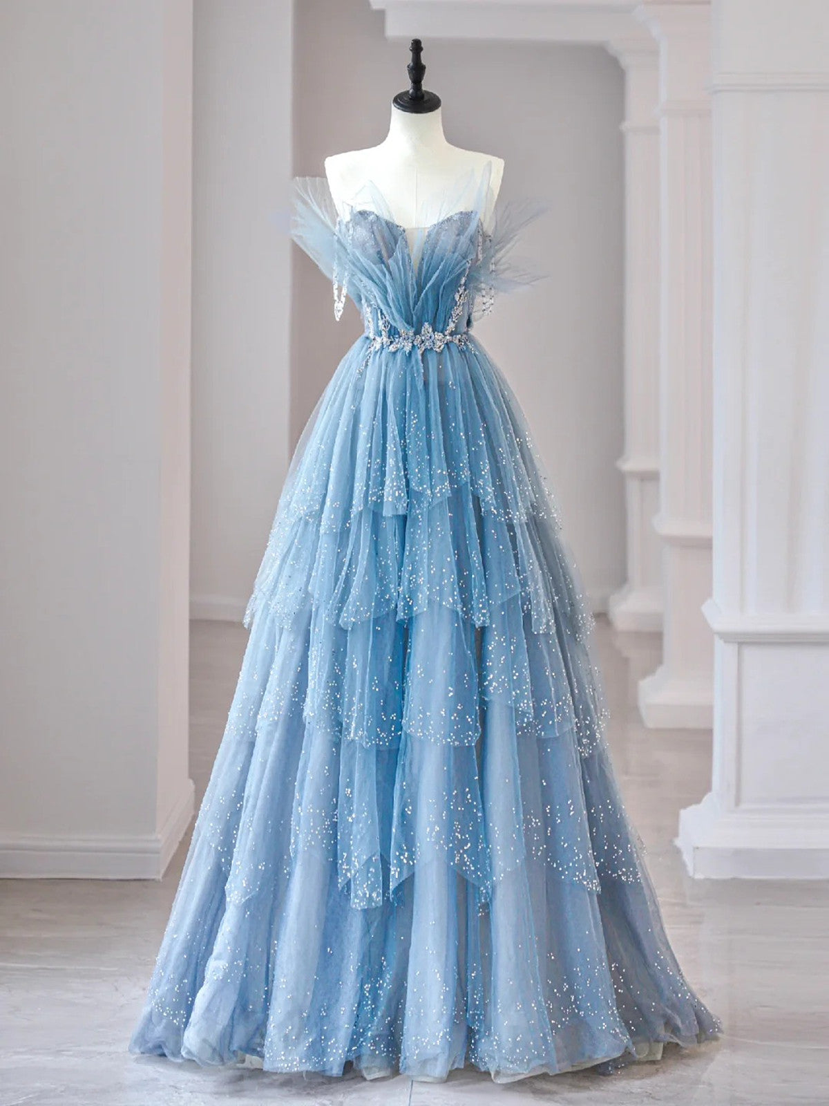 A-line Light Blue Beaded Long Tulle Party Dress, Light Blue Prom Dress