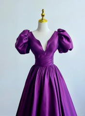 Purple Satin Short Sleeves V-neckline Prom Dress, Purple Satin Evening Dress