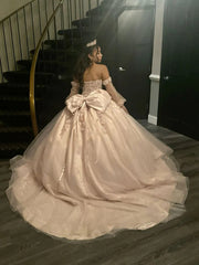 Pink Tulle Sweetheart Long Sleeves Sweet 16 Dress, Pink Quinceanera Dresses
