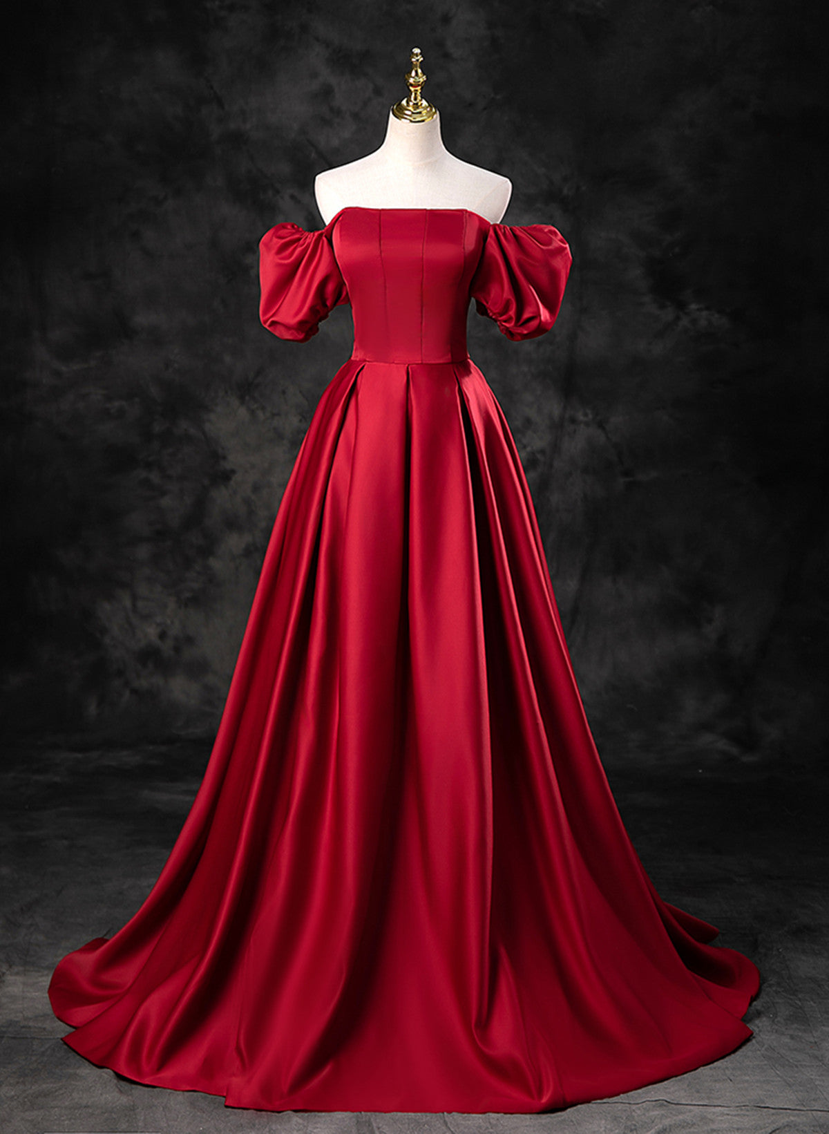 Red Satin Off Shoulder Long Simple A-line Wedding Party Dress, Red Long Evening Dress