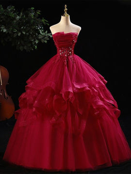 Wine Red Tulle A-line Floor Length Prom Dress, Wine Red Beaded Long Evening Dress Party Dress