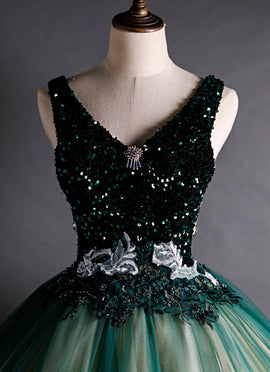 Green Ball Gown V-neckline Sequins Long Formal Dress, Green Sequins Prom Dress