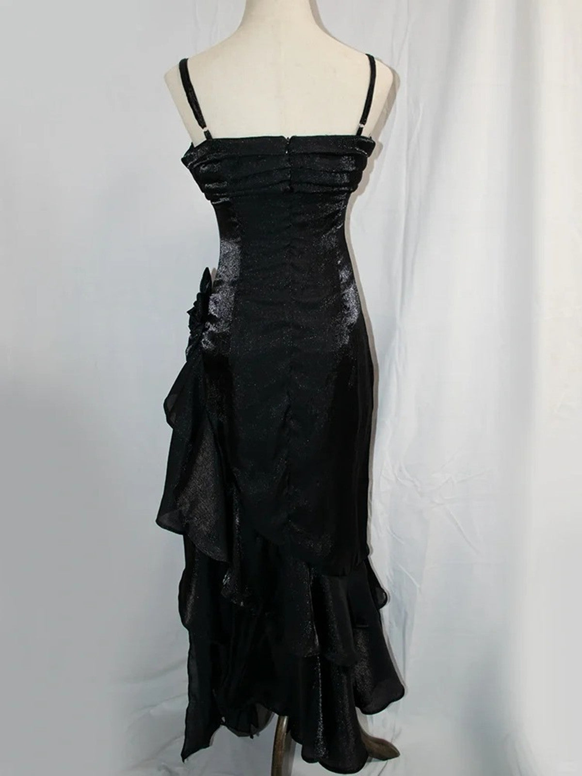 Black Satin High Low Straps Party Dress, Black High Low Prom Dress Evening Dress