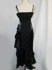 Black Satin High Low Straps Party Dress, Black High Low Prom Dress Evening Dress