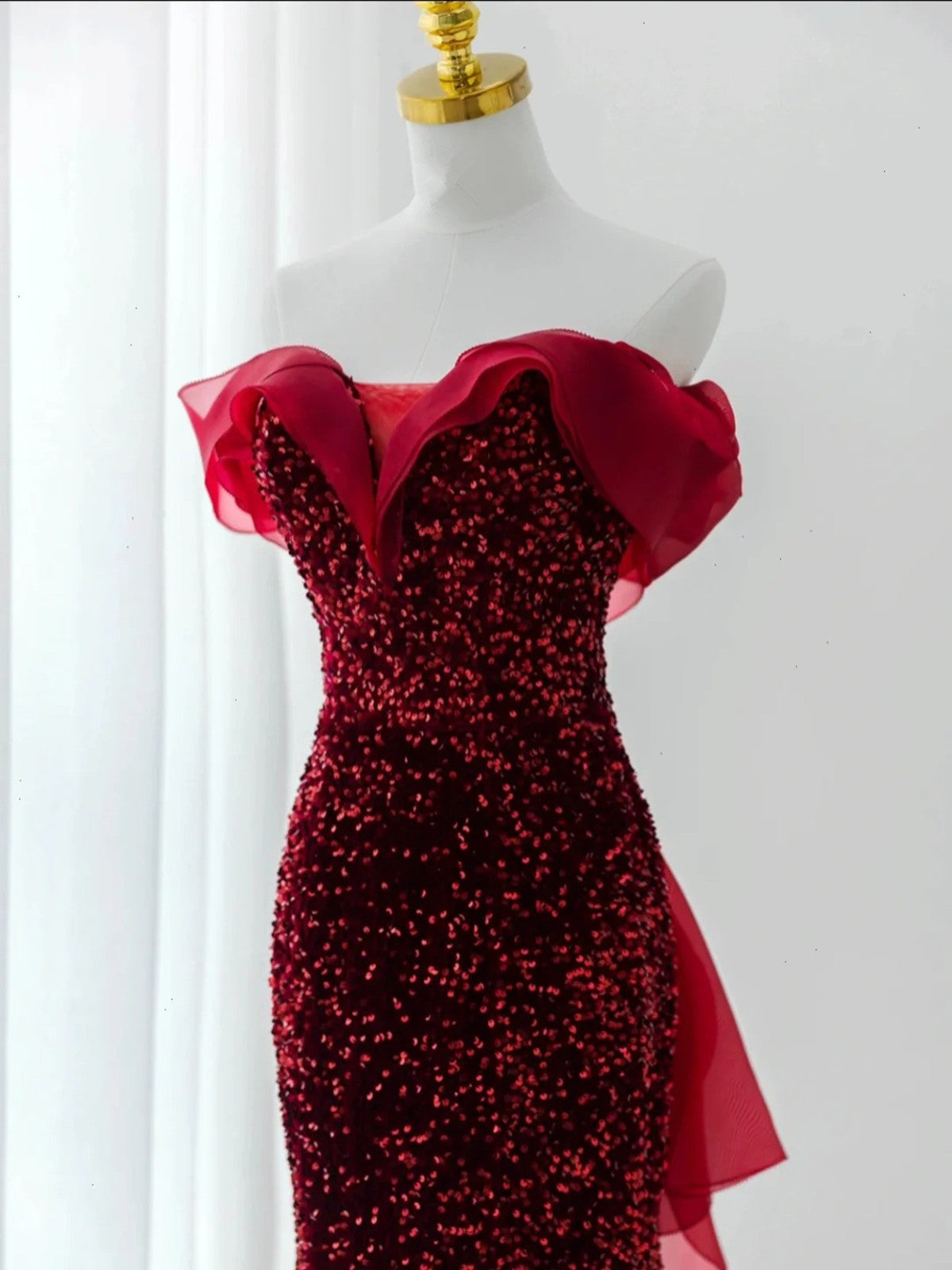 Wine Red Sequins Mermaid Long Party Dress, Off Shoulder Sweetheart Prom Dress