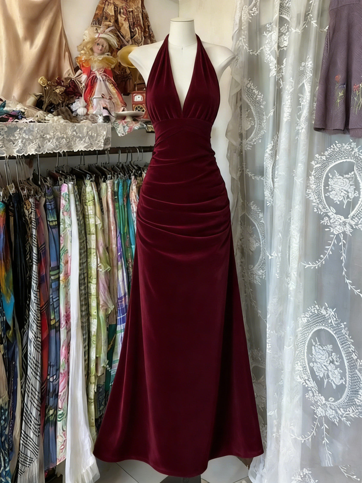 Elegant Backless Ruched Maxi Dress Wine Red Prom Dress, Long Velvet Party Dress