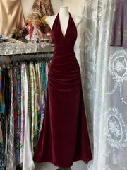Elegant Backless Ruched Maxi Dress Wine Red Prom Dress, Long Velvet Party Dress