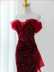 Wine Red Sequins Mermaid Long Party Dress, Off Shoulder Sweetheart Prom Dress