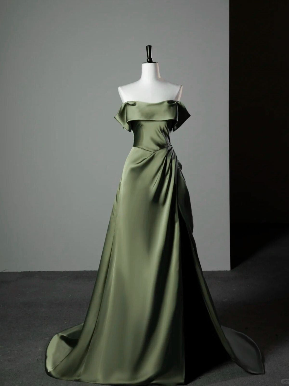 Green Satin A-line Off Shoulder Floor Length Party Dress, Green Satin Prom Dress