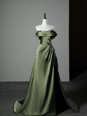 Green Satin A-line Off Shoulder Floor Length Party Dress, Green Satin Prom Dress