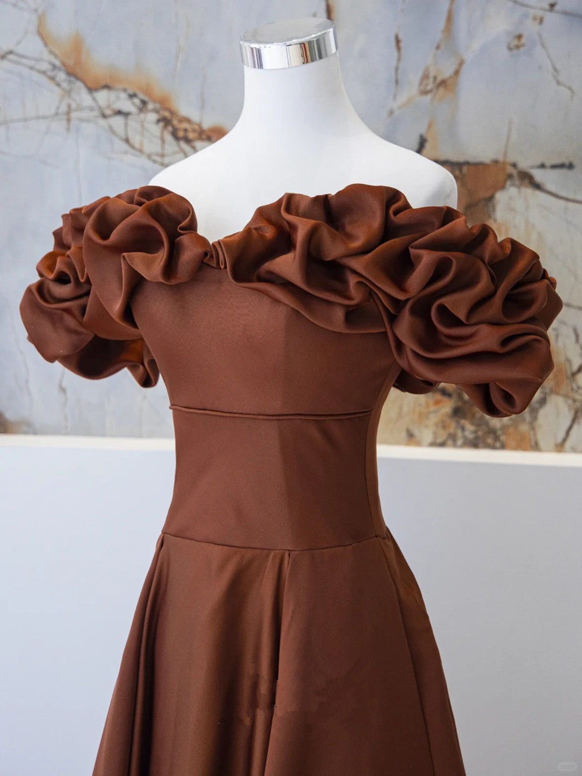 Brown Satin Off Shoulder A-line Prom Dress, Brown Satin Evening Dress Cutedressy Brown Satin Off Shoulder A-line Prom Dress, Brown Satin Evening Dress Cutedressy