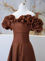 Brown Satin Off Shoulder A-line Prom Dress, Brown Satin Evening Dress Formal Dress