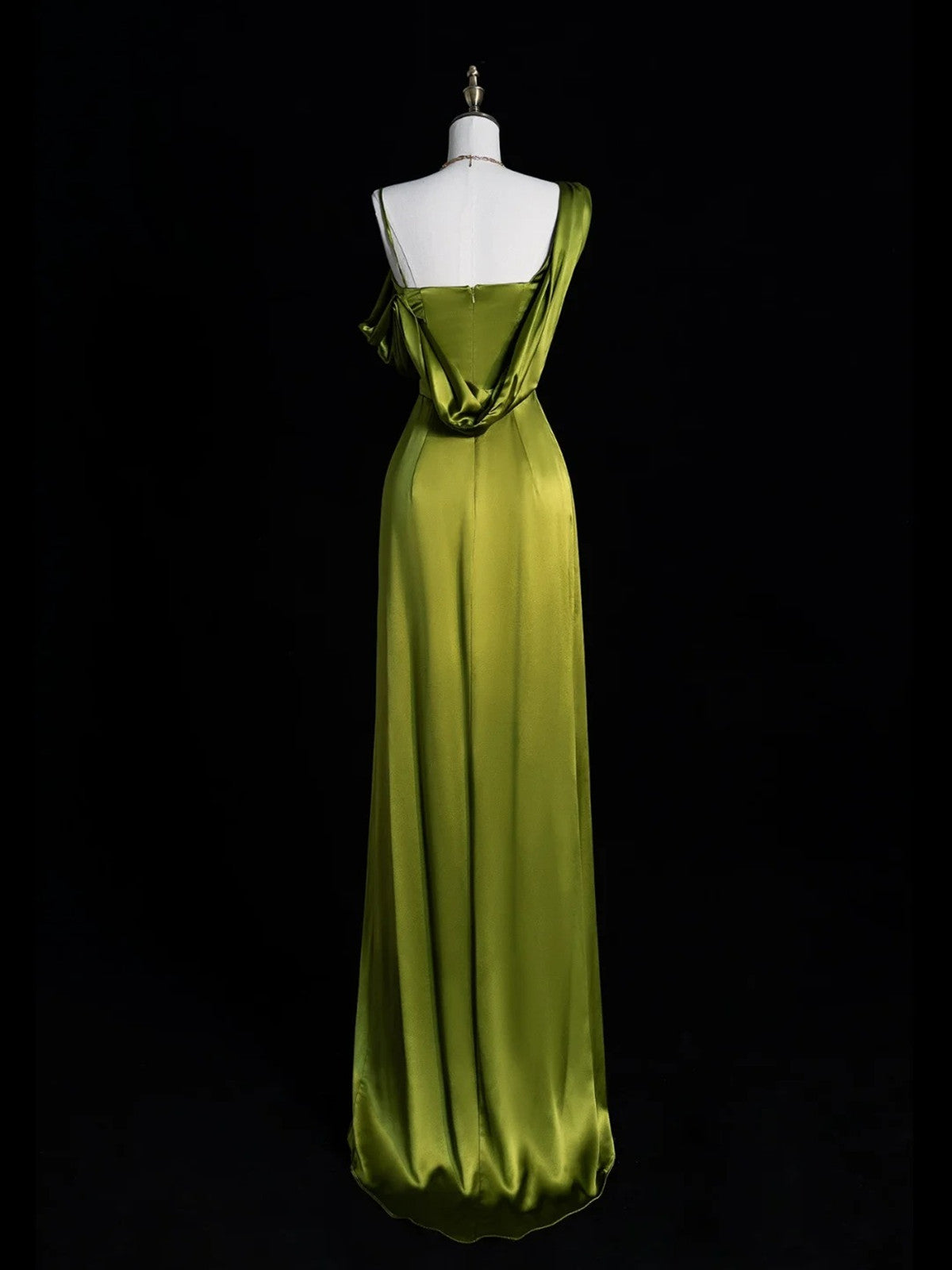 A-line Green Soft Satin One Shoulder Prom Dress, Green Long Party Dress with Leg Slit
