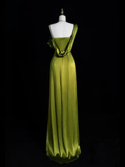 A-line Green Soft Satin One Shoulder Prom Dress, Green Long Party Dress with Leg Slit