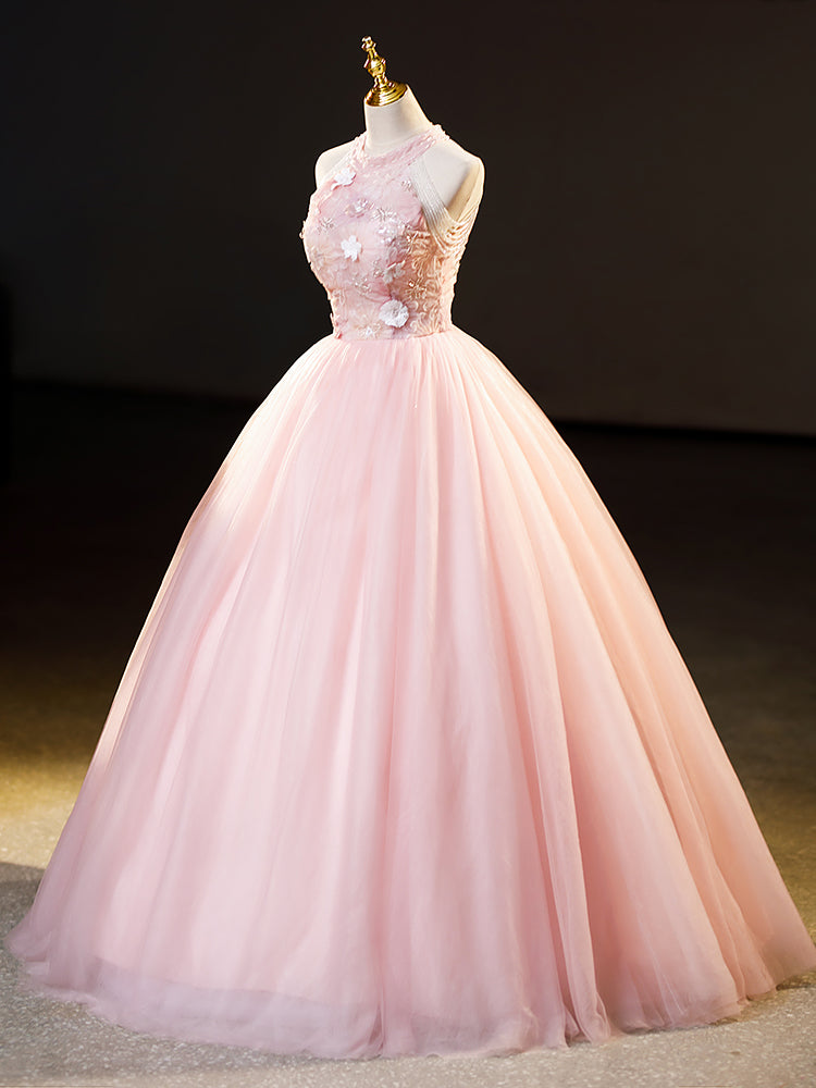 Pink Tulle and Floral Lace Halter Long Formal Dress, Pink Tulle Sweet Cutedressy Pink Tulle and Floral Lace Halter Long Formal Dress, Pink Tulle Sweet Cutedressy