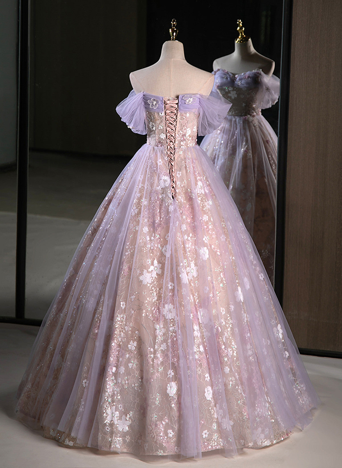 Lovely Light Purple Floral Tulle Off Shoulder Party Dress, Light Purple Tulle Prom Dress Lovely Light Purple Floral Tulle Off Shoulder Party Dress, Light Purple Tulle Prom Dress