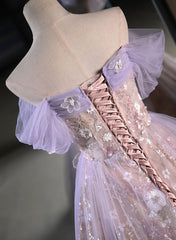 Lovely Light Purple Floral Tulle Off Shoulder Party Dress, Light Purple Tulle Prom Dress