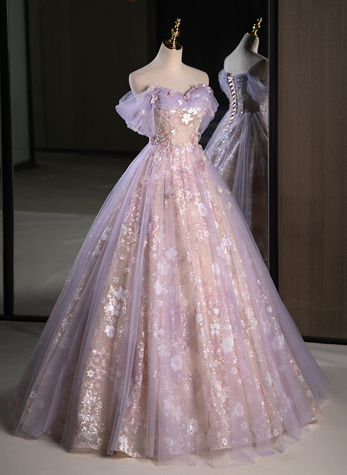 Lovely Light Purple Floral Tulle Off Shoulder Party Dress, Light Purpl – Cutedressy