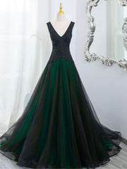 Charming Black and Green V-neckline Tulle Party Dress, Black and Green Lace Prom Dress