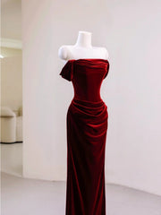 Charming Wine Red Mermaid Off Shoulder Velvet Formal Dress, Wine Red Long Prom Dress